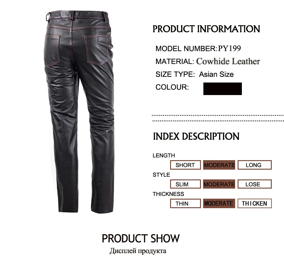 Genuine Real cow leather pant Men's motorcycle leather trousers кожаные штаны leather pants for men pantalon cuir homme