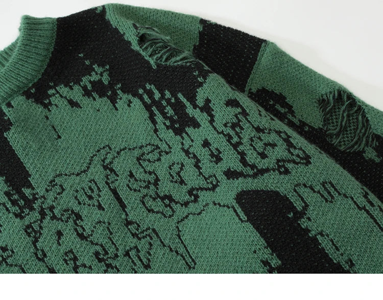 2025 Men Streetwear Ripped Sweater Distressed Vintage Letter Graphic Hip Hop Knitted Sweater Retro Pullover Sweater Hipster