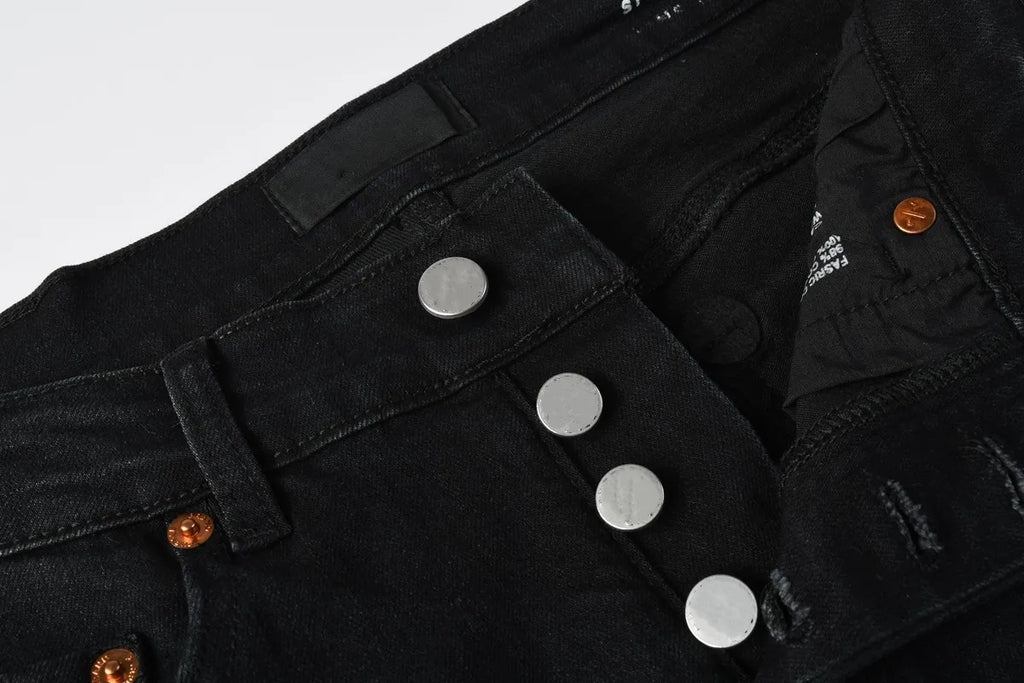 New Fashion Jeans Men High Street Black Splashing ink graffiti Distressed Hole Stretch Skinny Button Fly Ripped Jeans Brand