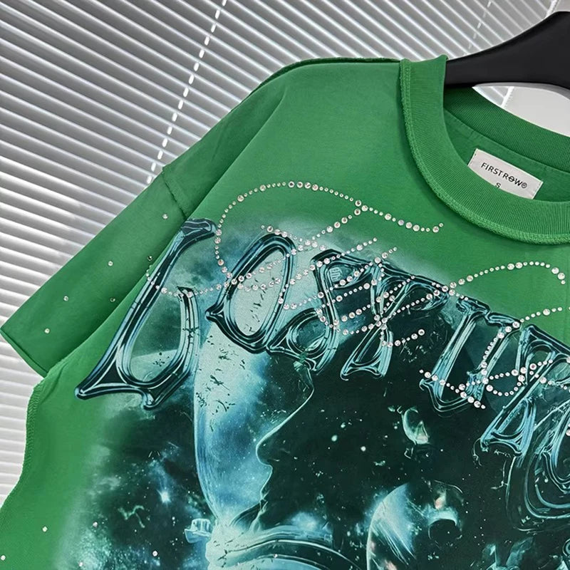 Casual FIRST ROW T-Shirts Washed  Street Fashion American Style Hot Drill Letters Mens Womens High Quality Short Sleeves Tee