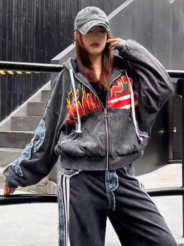 European Style Sweatshirt Cardigan 2026 Spring New Personalized Graffiti Letter Print Patchwork Denim Jacket Coat Hoodies Women