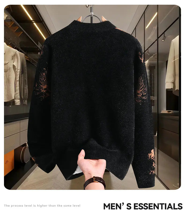 Retro Men's Printed Slim Knit Sweater for Men's Base, 2025 Brand Premium Tops, High-quality Men's Plus Size Warm Sweater