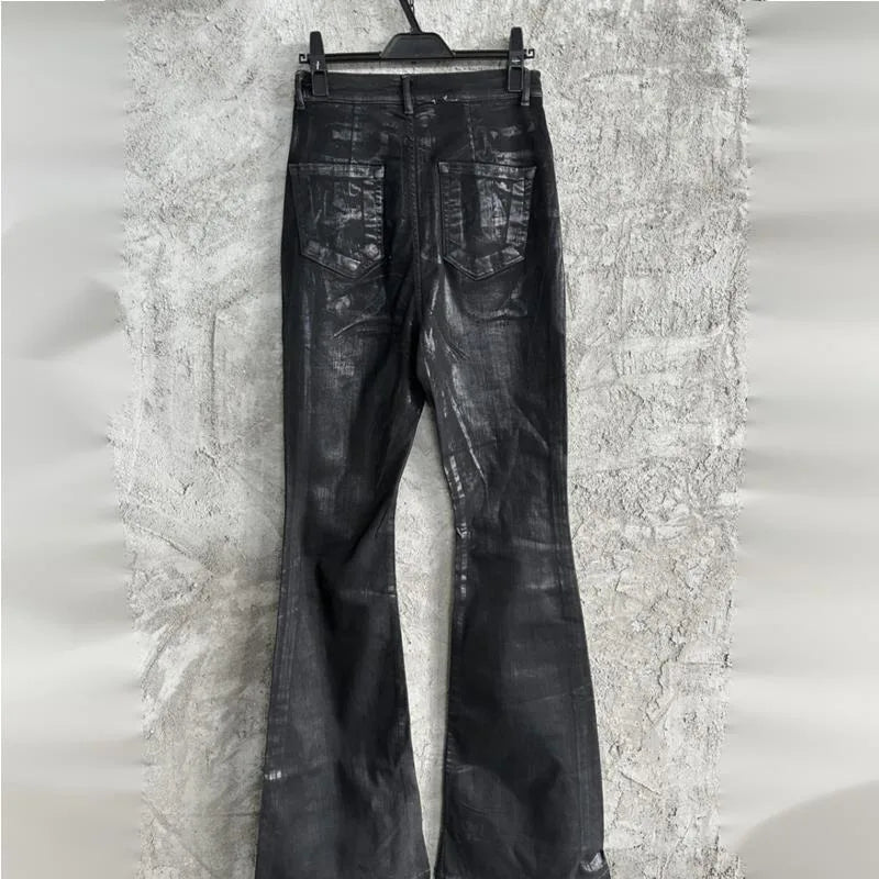 HKSH Spring Autumn Man Dark RO Double Stitching Waxed Denim Pants High Street Punk Wide Leg Flared Vintage Elastic Jeans HK10422