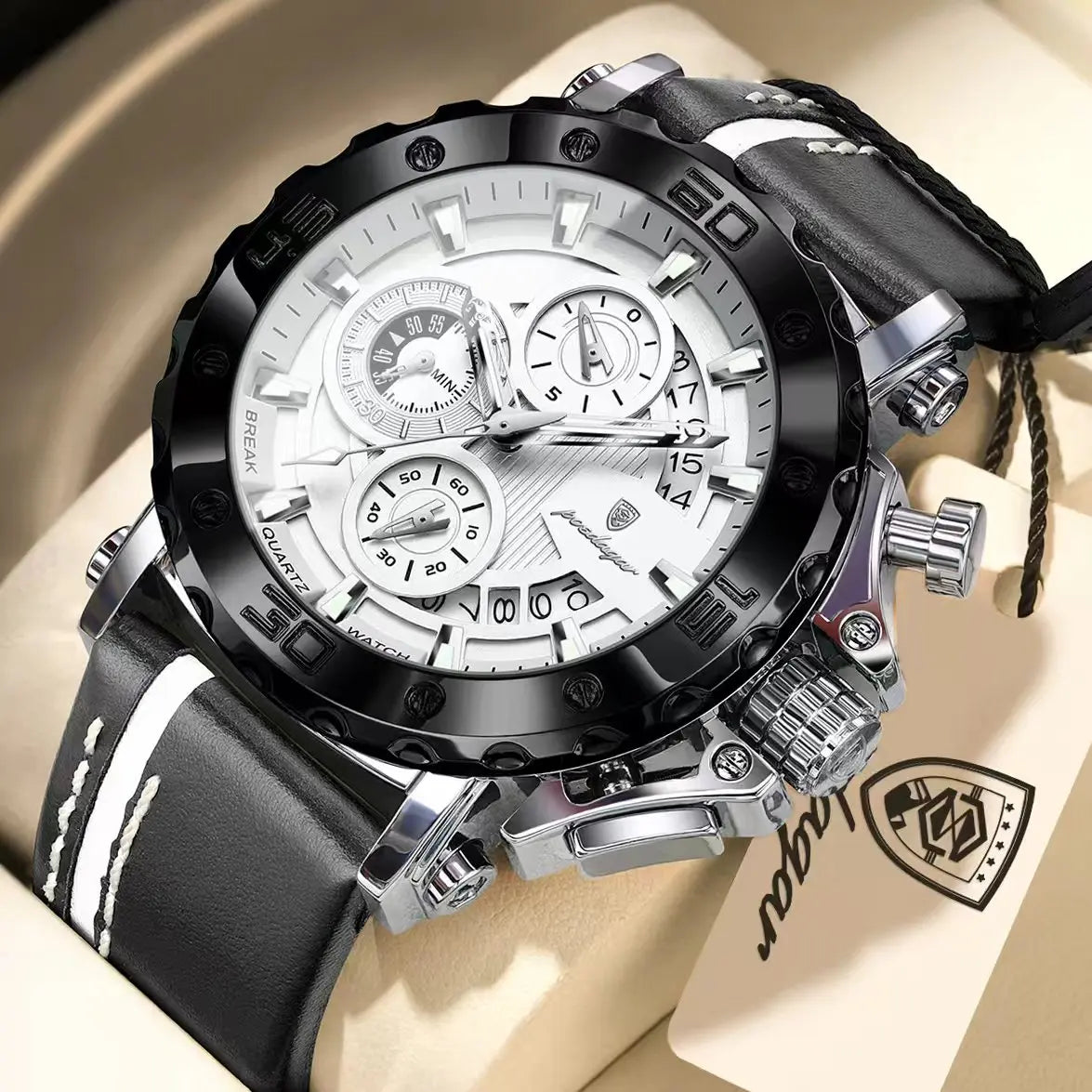 POEDAGAR Sports Watches For Man Waterproof Luminous Date Male Clock Chronograph Leather Quartz Functional Men's Wristwatch Reloj