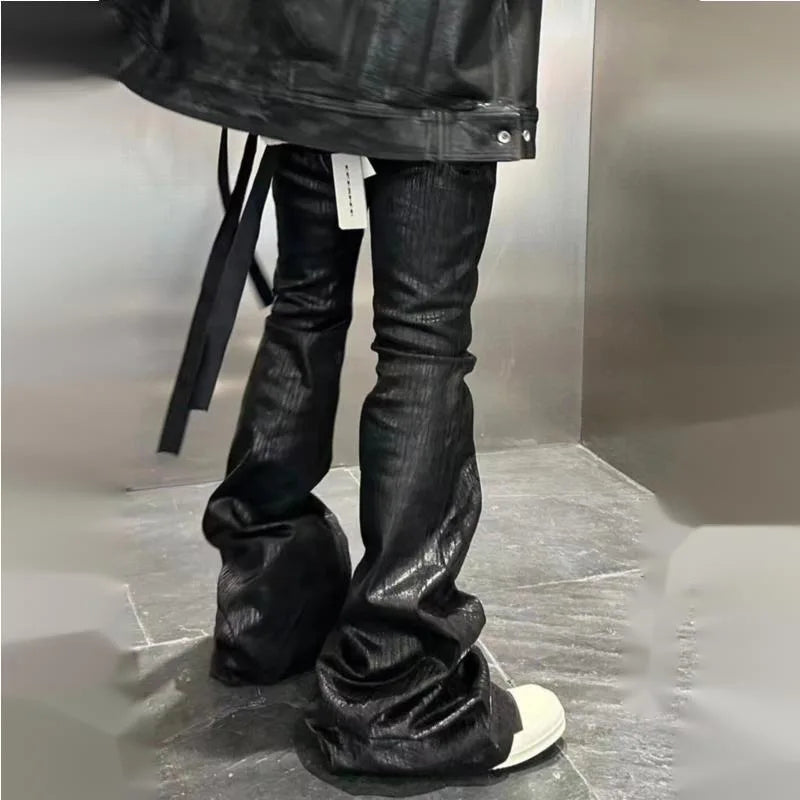 HKSH Spring Autumn Man Dark RO Double Stitching Waxed Denim Pants High Street Punk Wide Leg Flared Vintage Elastic Jeans HK10422