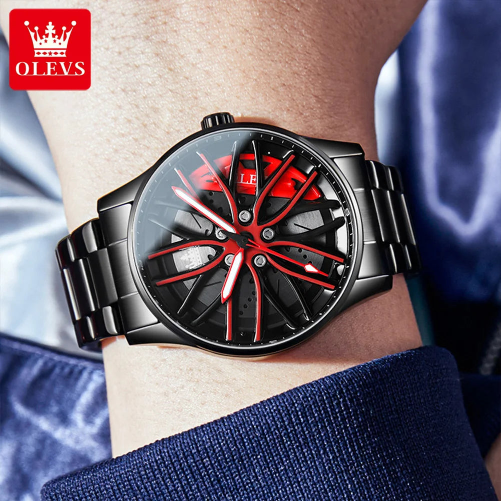 OLEVS 9937 Quartz Watch for Men Fashion 3D Hollow Wheel Rotary Dial Black Stainless Steel Waterproof Luminous Sports Wristwatch