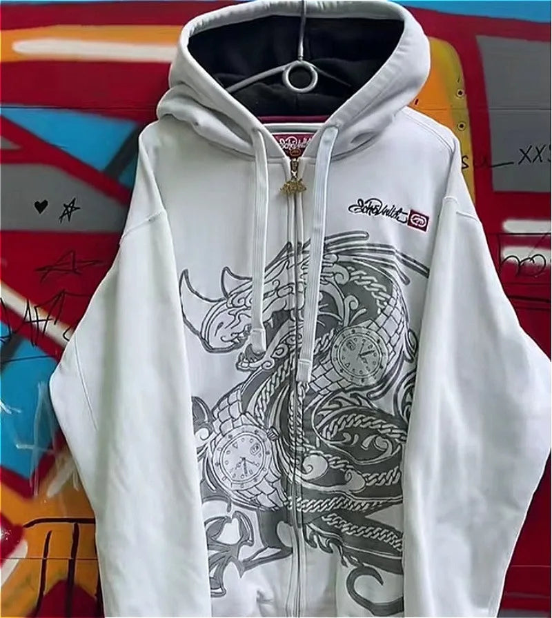 Ecko Dark Gothic Skull Eye Print Hoodie Men Women Streetwear Punk Oversize Black Sweatshirt Distressed Artistic Casual Pullover
