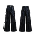 Mauroicardi Autumn Cool Long Baggy Black Pu Leather Wide Leg Cargo Pants Men Many Pockets Luxury Designer Emo Clothes Streetwear