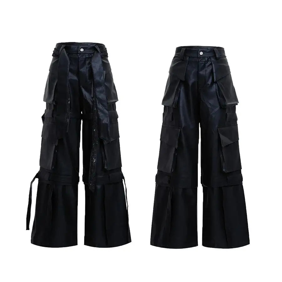 Mauroicardi Autumn Cool Long Baggy Black Pu Leather Wide Leg Cargo Pants Men Many Pockets Luxury Designer Emo Clothes Streetwear
