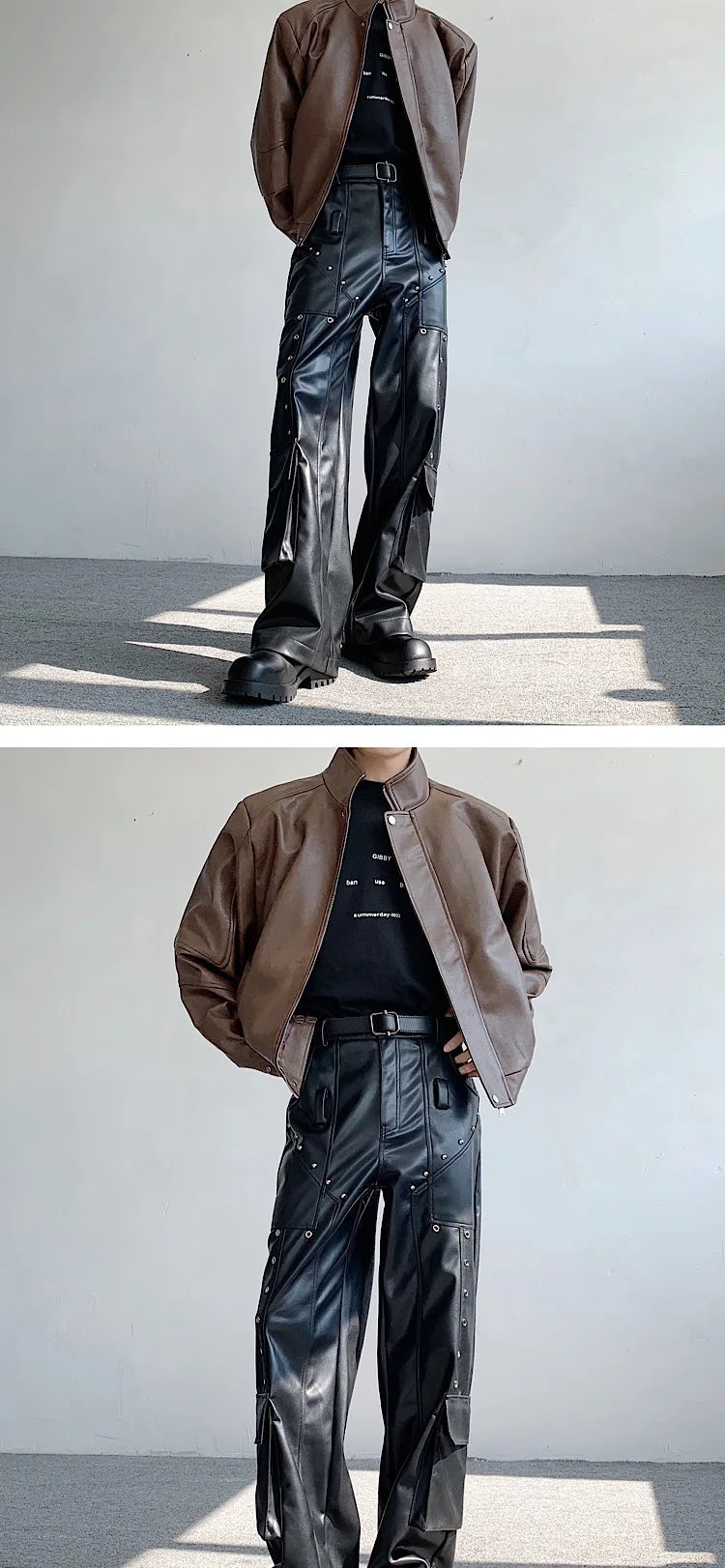 Men's Faux Leather Cargo Pants With Rivet, Y2K  Streetwear Black  Wide-leg Trousers, Autumn/Winter Gothic Mans Baggy Pants