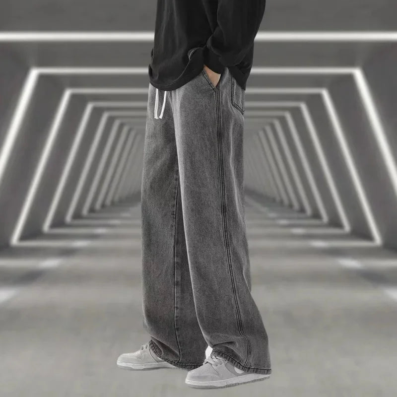 Fashion Men's Solid Color Drape Jeans Loose Straight Korean Vintage High Street Hip-hop Casual Daily Dragging Wide-leg Pants