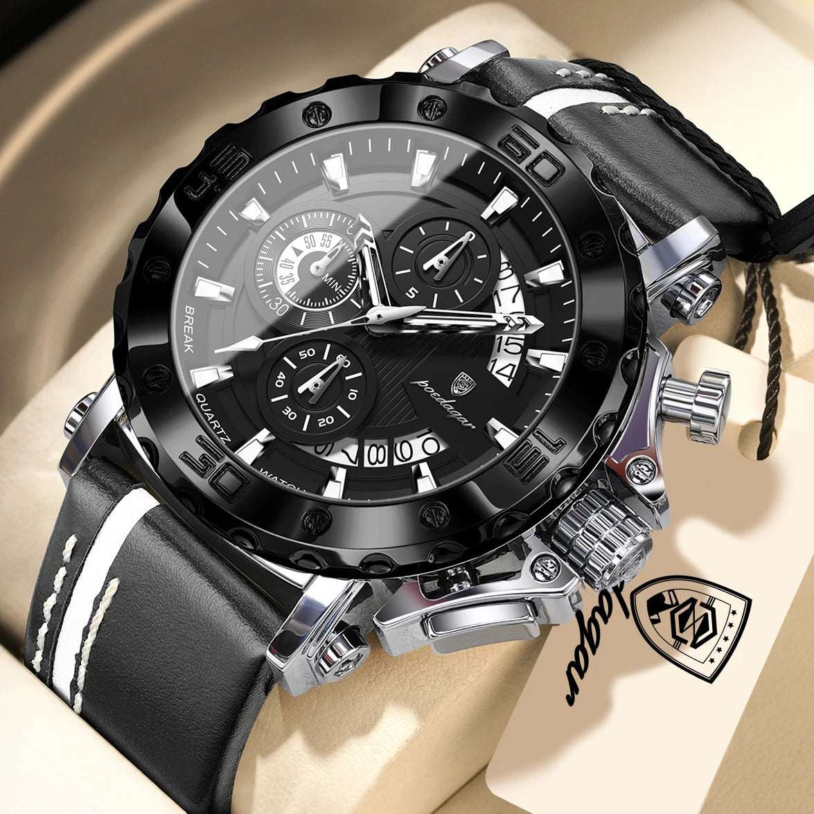 POEDAGAR Sports Watches For Man Waterproof Luminous Date Male Clock Chronograph Leather Quartz Functional Men's Wristwatch Reloj