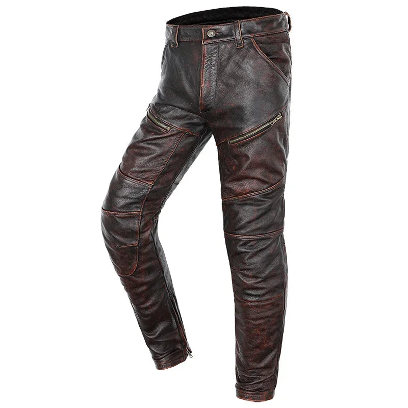 New Motorcycle Genuine Leather Pant Men's Thick Cowhide Vintage Brown Trousers For Men High Quality Moto Biker Slim Pants