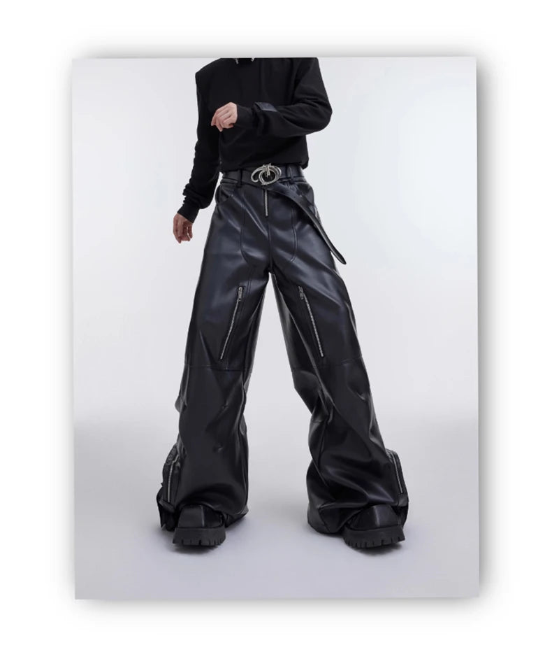 Mauroicardi Autumn Long Black Baggy Pu Leather Wide Leg Cargo Pants for Men Three-dimensional Pockets Luxury Designer Clothes
