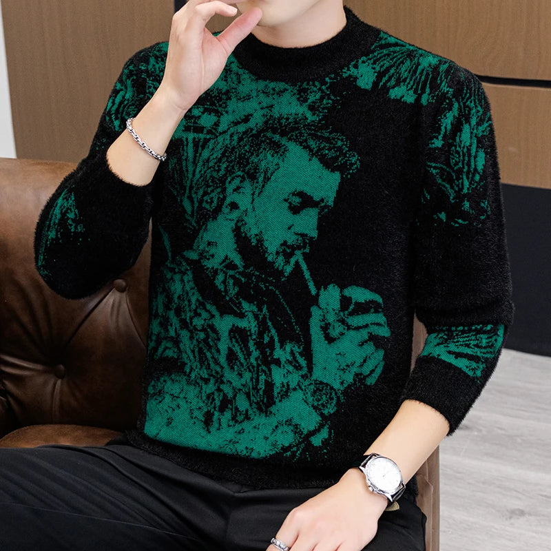 Retro Men's Printed Slim Knit Sweater for Men's Base, 2025 Brand Premium Tops, High-quality Men's Plus Size Warm Sweater