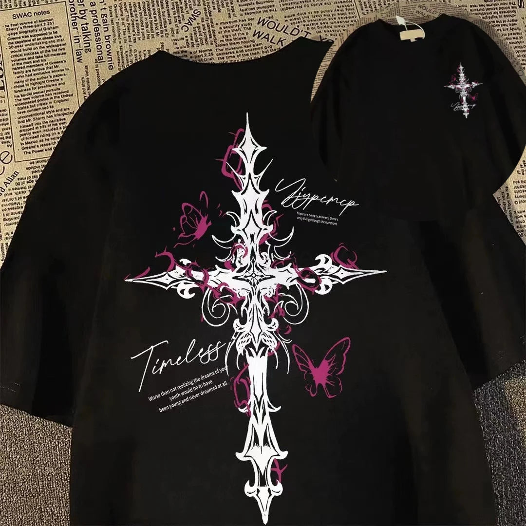 Hip-hop Cross Print Loose Short-sleeved T-shirt for Men and Women, American High Street Style for Summer