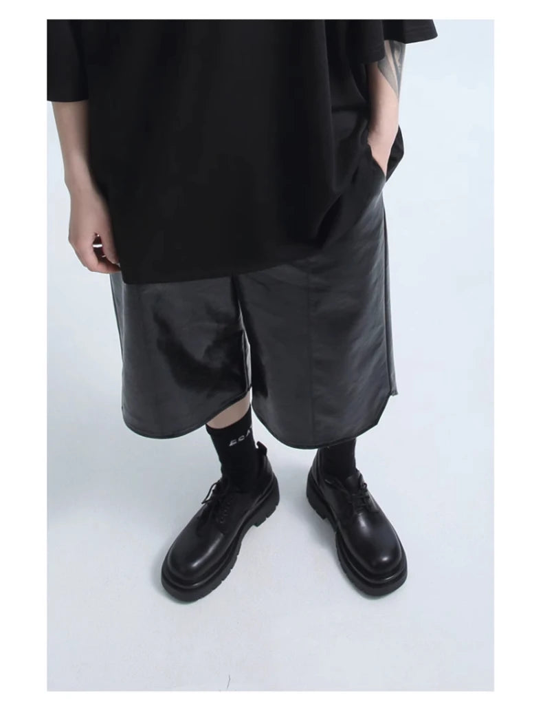 Mauroicardi Spring Summer Loose Casual Soft Black Pu Leather Shorts for Men Mens Elastic Waist Short Straight Pants Clothes 2023