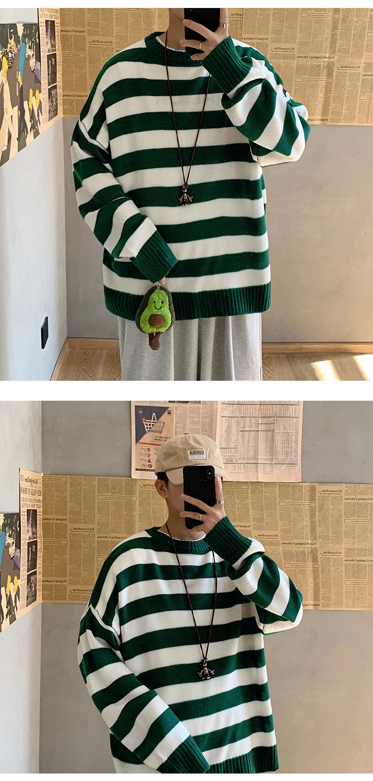 Classic Vintage Striped Sweater Men's Casual Japanese Trendy Red White Pullover Loose Round Neck Couple's Jumper Street Kintwear
