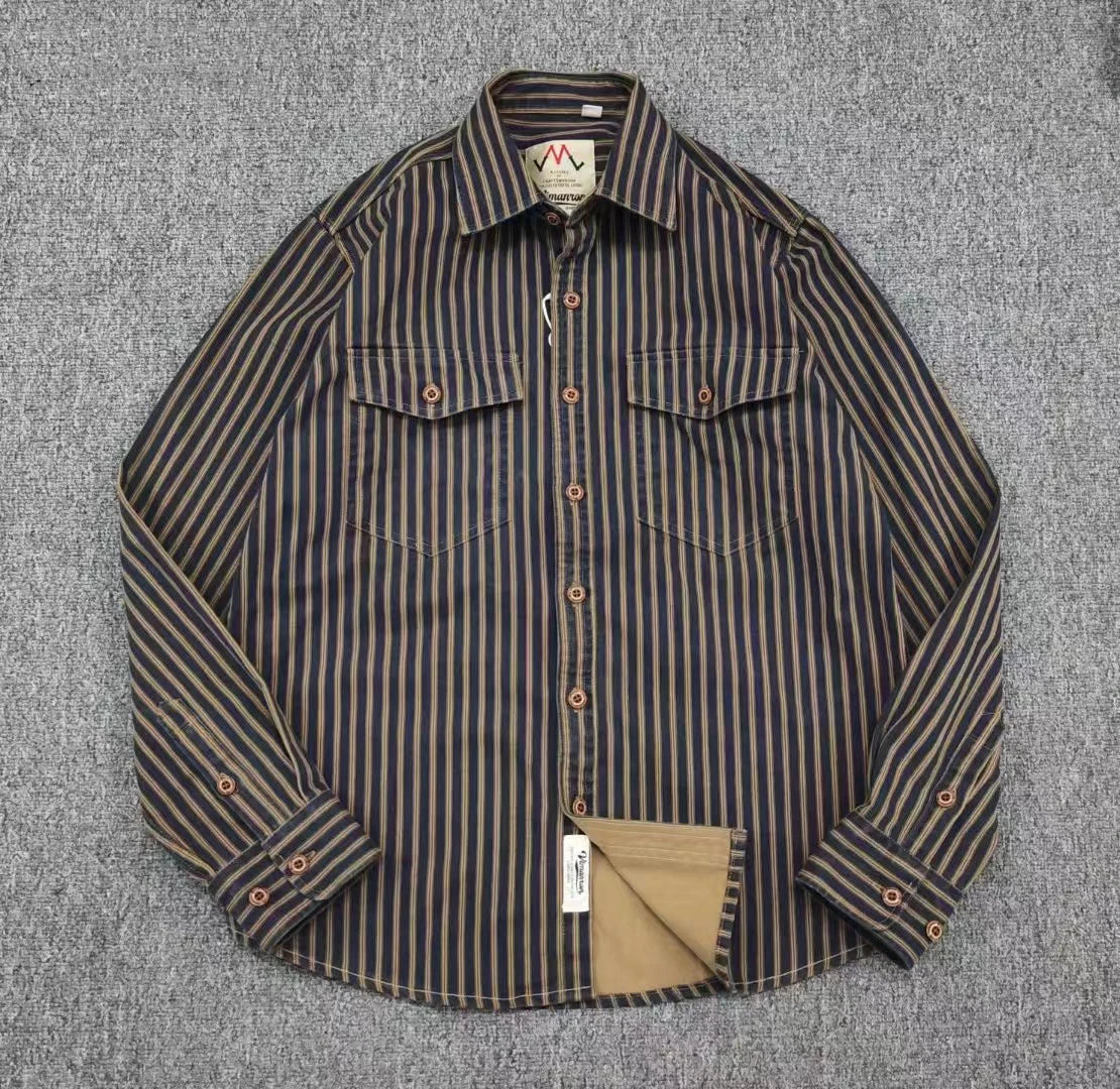 Retro Waed Distred Blue Vertical Stripe Trendy Denim irt Men's Loose American Long Sve Workwear irt Coat