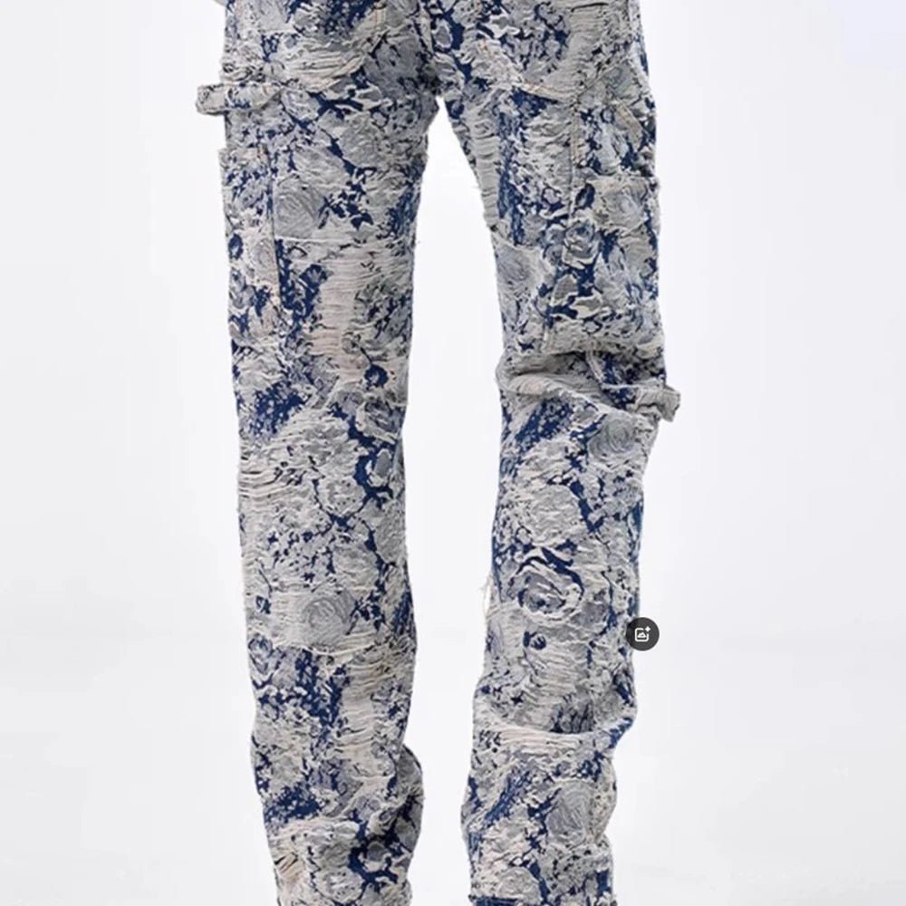 Men Jeans Jacquard Washed Cargo Casual Straight Pants Streetwear Fashion Hip Hop Retro Trend Trousers Male Men'S Clothing 2024