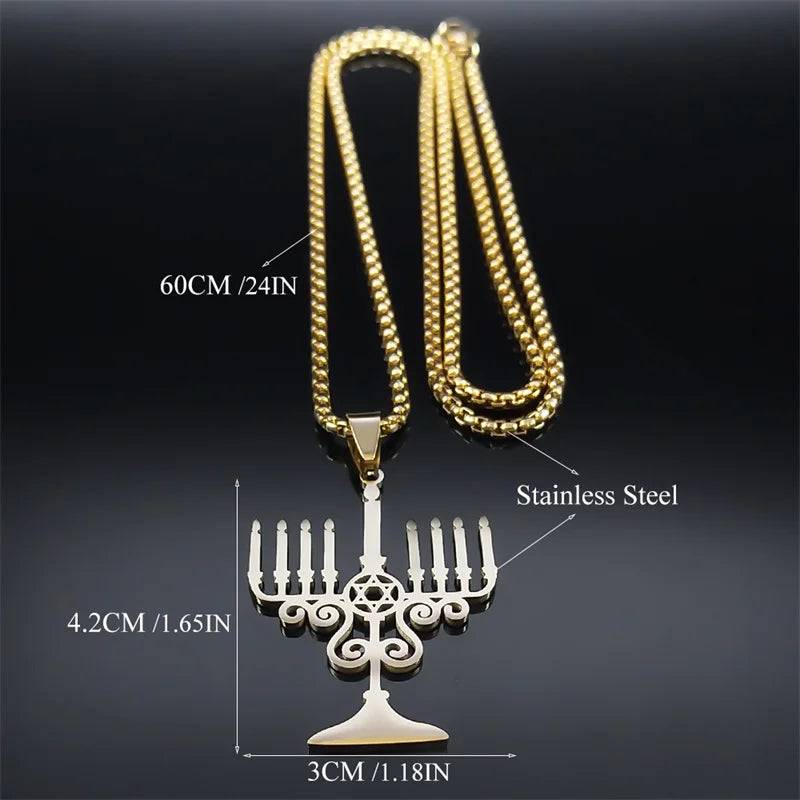 Judaica Israel Lamp Hanukkah Menorah Necklace for Women Men Stainless Steel Silver Color Star of David Necklace Jewelry N8062S02