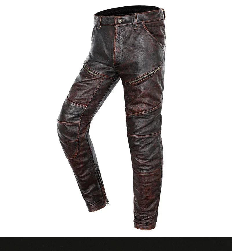 New Motorcycle Genuine Leather Pant Men's Thick Cowhide Vintage Brown Trousers For Men High Quality Moto Biker Slim Pants