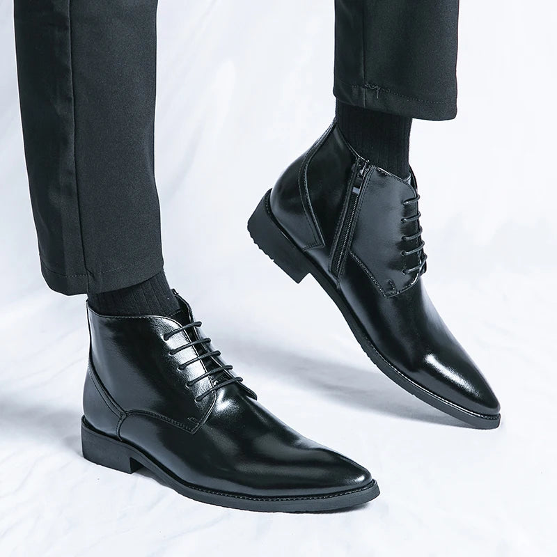 Leather Boots Men Zip Lace-up High Top British Versatile Men Fashion Business Dress Social Boots Mens Platform Casual Men Boots