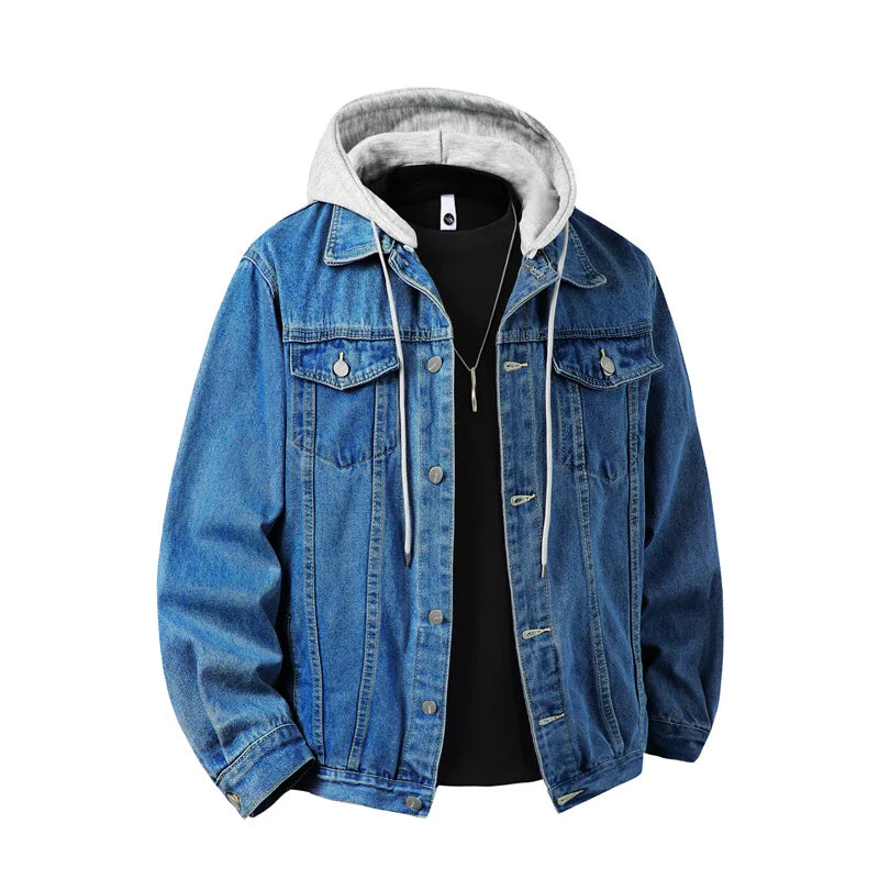 Men Hooded Denim Jacket Men Streetwear Turn Down Collar Outwear Coat Male Retro Motorcyle Jackets Man Patchwork Bomber Jacket