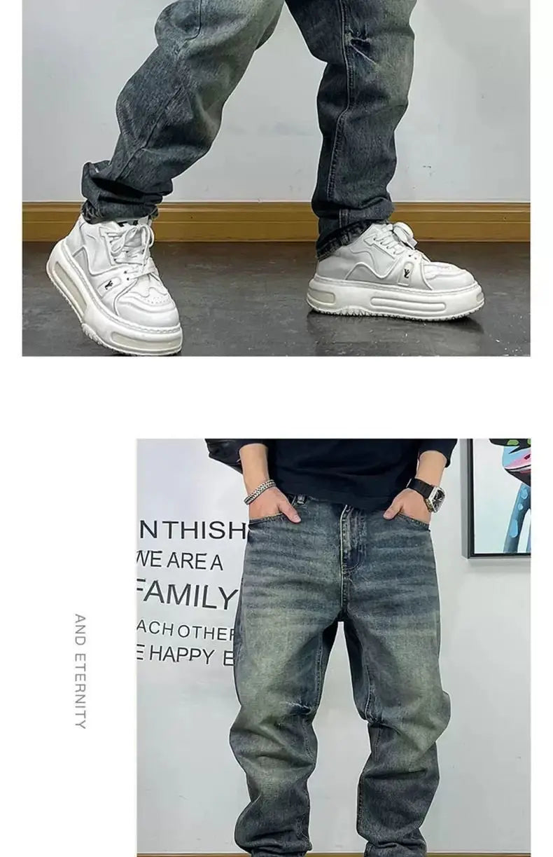 Fashion Brand Retro Washed Pure Cotton Jeans for Men Loose Small Right Angle Personalized Embroidery Versatile Casual Pants