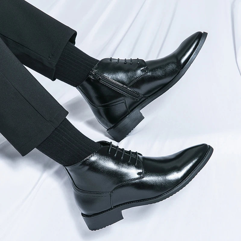 Leather Boots Men Zip Lace-up High Top British Versatile Men Fashion Business Dress Social Boots Mens Platform Casual Men Boots