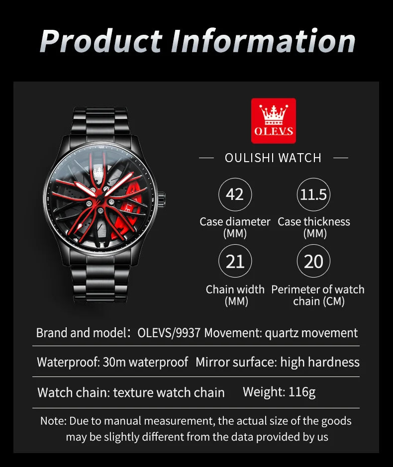 OLEVS 9937 Quartz Watch for Men Fashion 3D Hollow Wheel Rotary Dial Black Stainless Steel Waterproof Luminous Sports Wristwatch