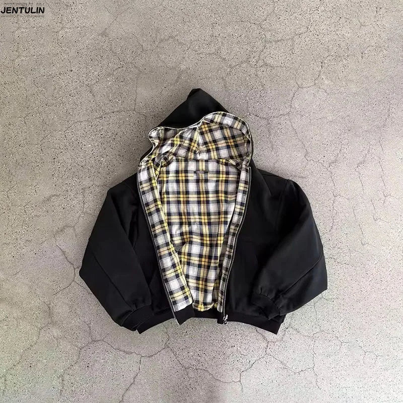 American Double-Sided Plaid Loose Zipper Hoodie Men Y2K New Harajuku Hip-Hop Gothic Couple Casual Joker Sweatshirt Street Wear