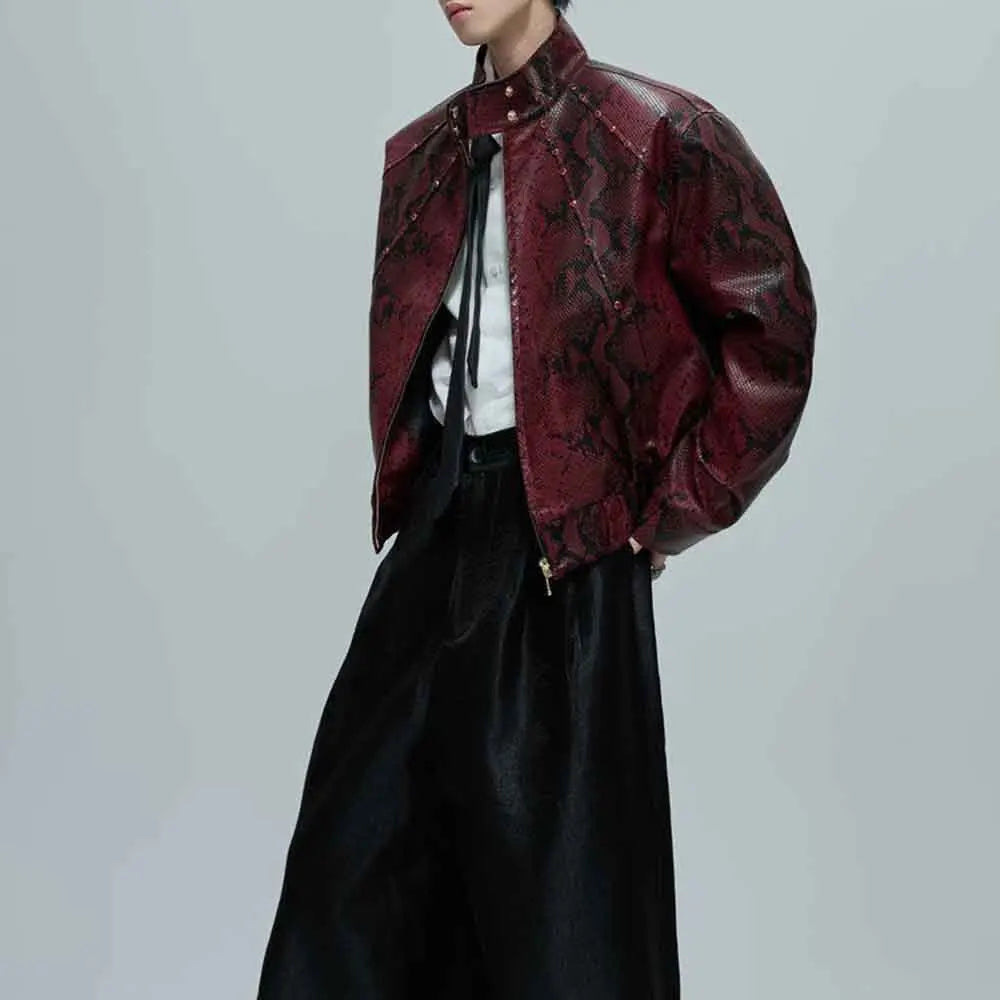 Mens Autumn Jacket Python Texture Jewel Embellished Jacket Streetwear Fashion Nightclub Cropped Top Men'S Clothing 2025 New