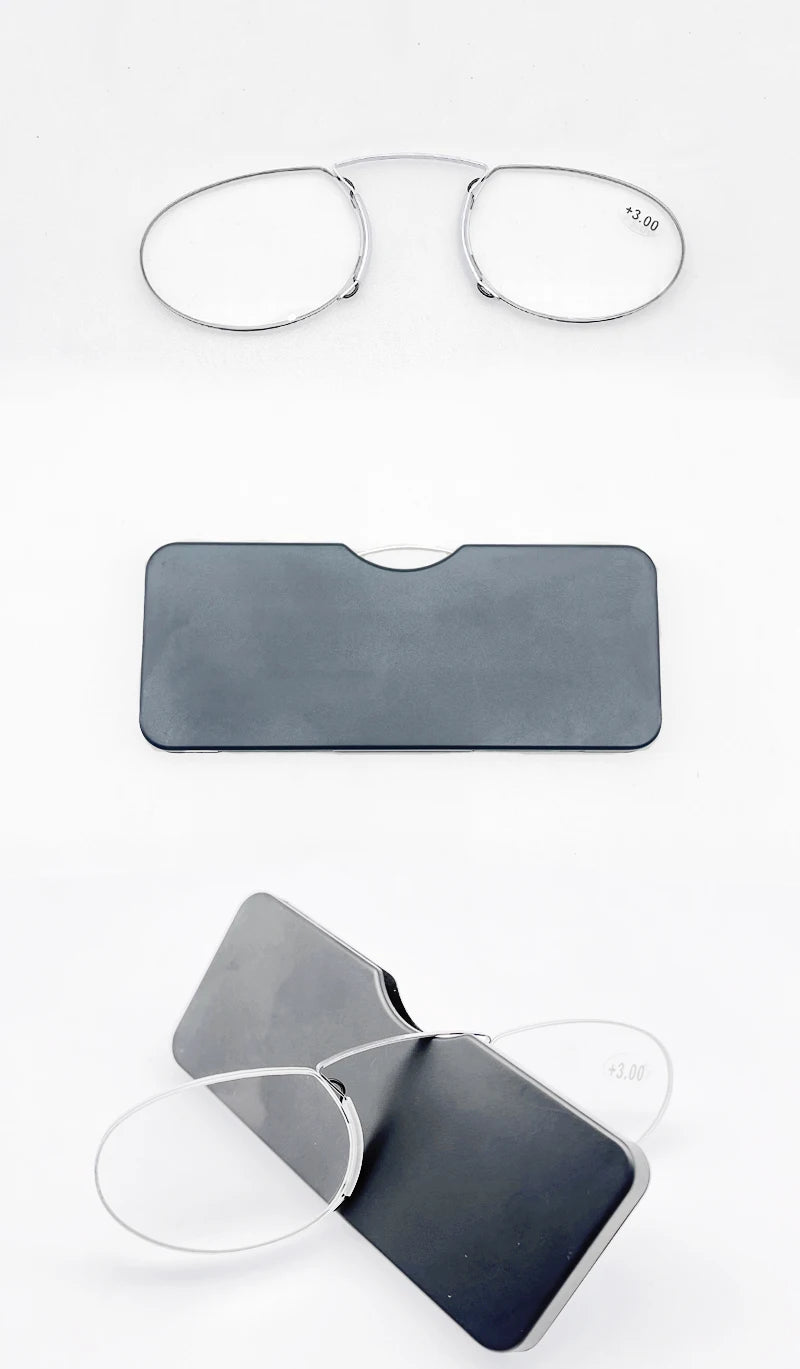 May Flower Rimless Foam Nose Clip On Reading Glasses Mini Portable Lazy Glasses With Alloy Case Men Women +1+1.5+2+2.5+3