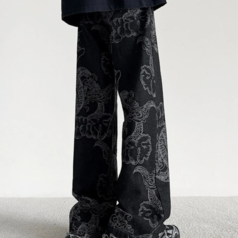 Chinese Style National Trend Design Dragon Pattern Jeans Men Women Korean Version New Retro Straight Loose Casual Pants Male