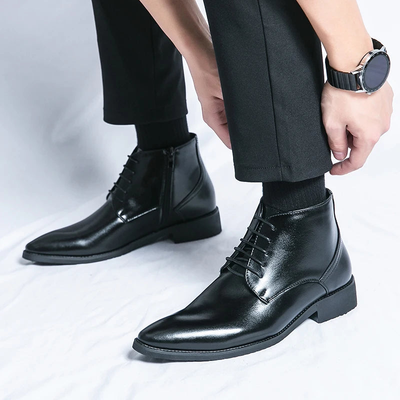 Leather Boots Men Zip Lace-up High Top British Versatile Men Fashion Business Dress Social Boots Mens Platform Casual Men Boots