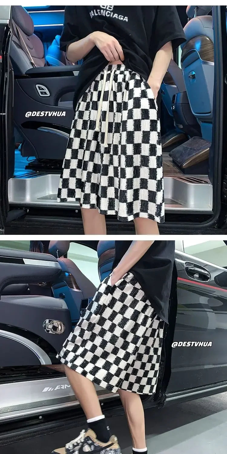 Men's New Style Breathable Straight Loose Casual Five-point Chessboard Ice Silk Shorts