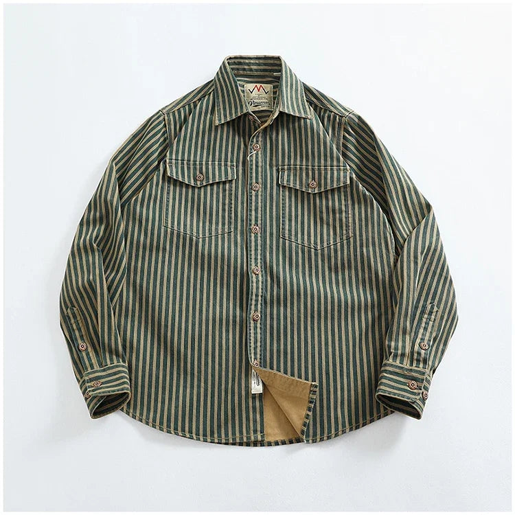 Retro Waed Distred Blue Vertical Stripe Trendy Denim irt Men's Loose American Long Sve Workwear irt Coat