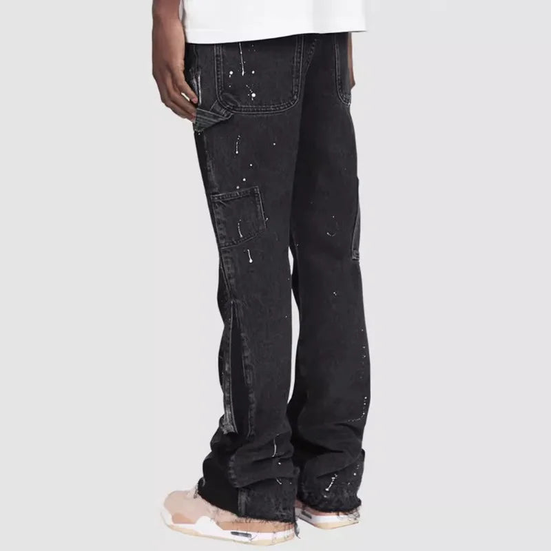 Men's Denim Work Pants workwear, Elastic Patch Denim Layered Flared Pants, Spring New Style