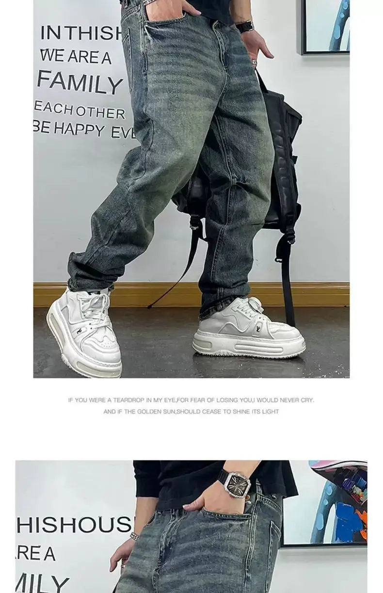 Fashion Brand Retro Washed Pure Cotton Jeans for Men Loose Small Right Angle Personalized Embroidery Versatile Casual Pants
