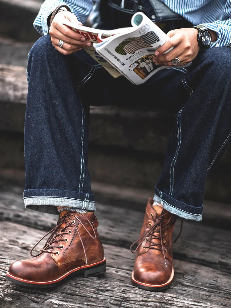 Handmade Leather Men Boots Retro Round Toe Ankle Boots for Men  Luxury Punk Street Style Mens Motorcycle Boots botas para hombre
