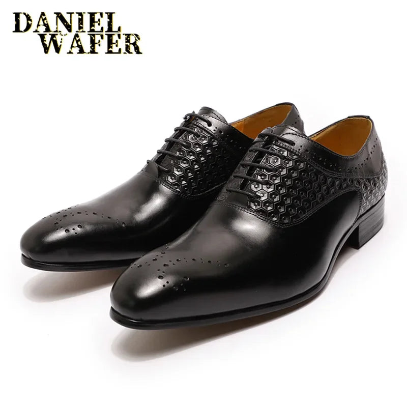 Italian Luxury Men's Pointed Toe Oxford Shoes Black Coffee Leather Lace-Up Dress Shoes for Wedding Office Business Formal Wear