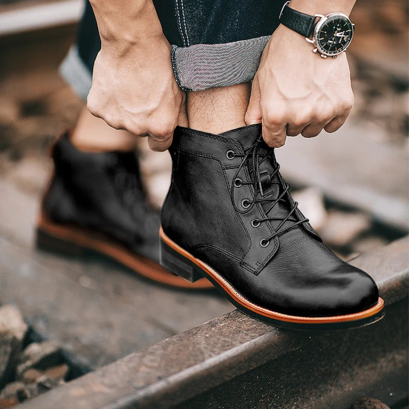 Handmade Leather Men Boots Retro Round Toe Ankle Boots for Men  Luxury Punk Street Style Mens Motorcycle Boots botas para hombre