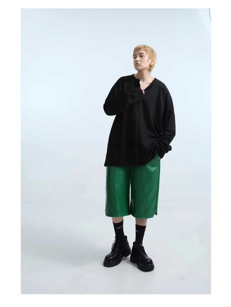Mauroicardi Spring Summer Loose Casual Soft Black Pu Leather Shorts for Men Mens Elastic Waist Short Straight Pants Clothes 2023