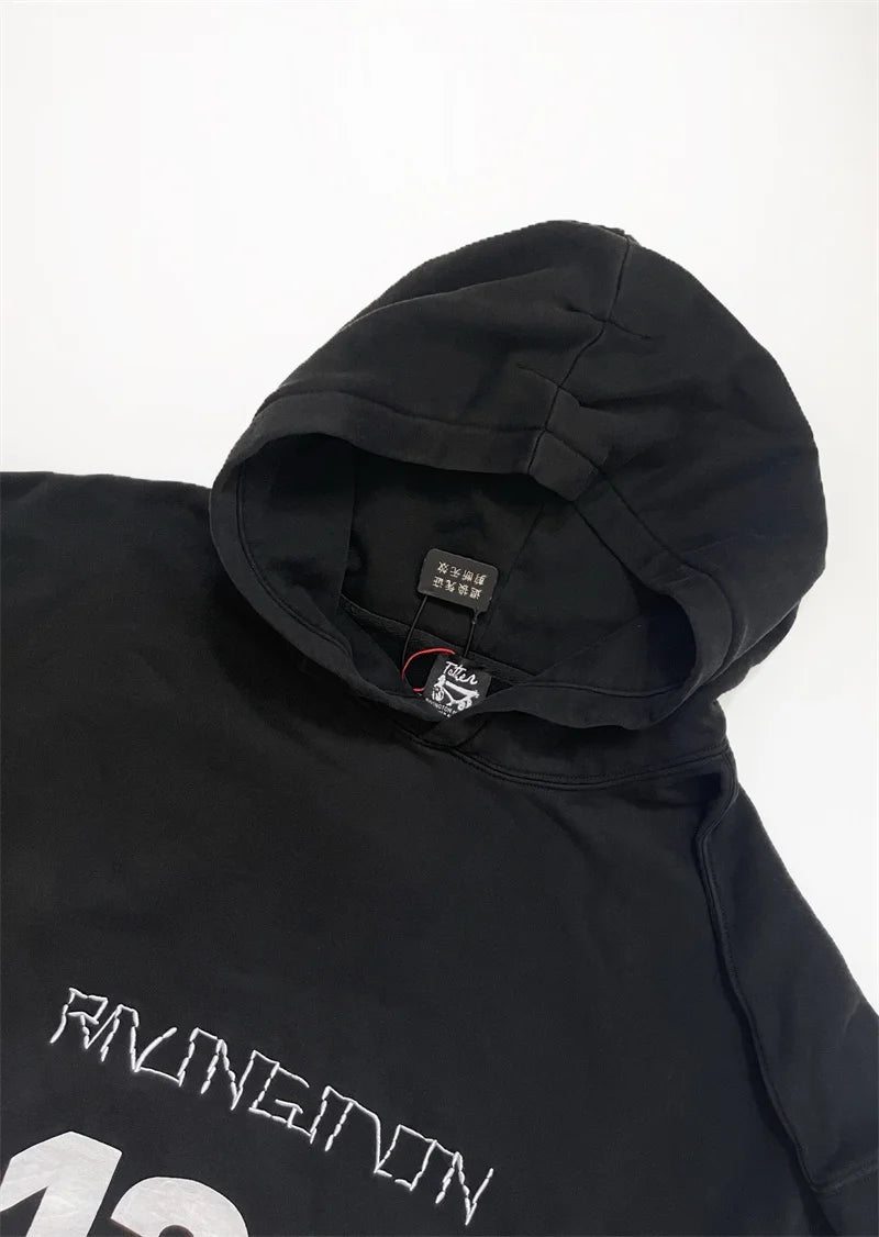 Heavyweight Fabric RRR123 Digital Embroidery Hooded Sweatshirt Washed Black Oversized Men Women Premium Quality Hoodie