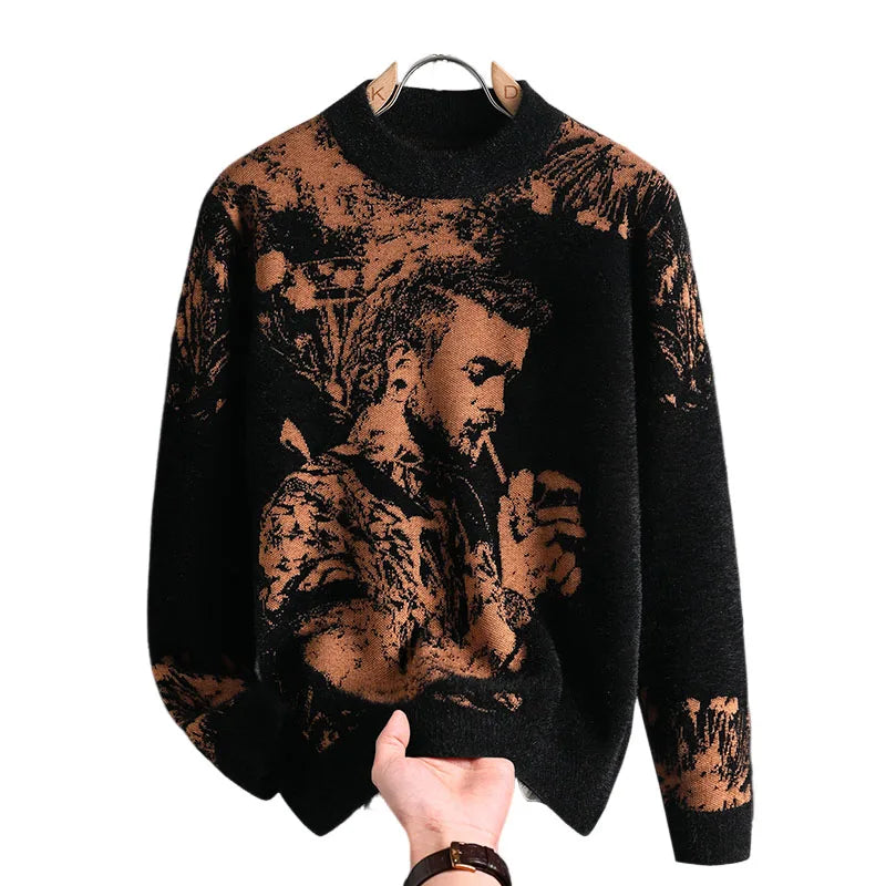 Retro Men's Printed Slim Knit Sweater for Men's Base, 2025 Brand Premium Tops, High-quality Men's Plus Size Warm Sweater