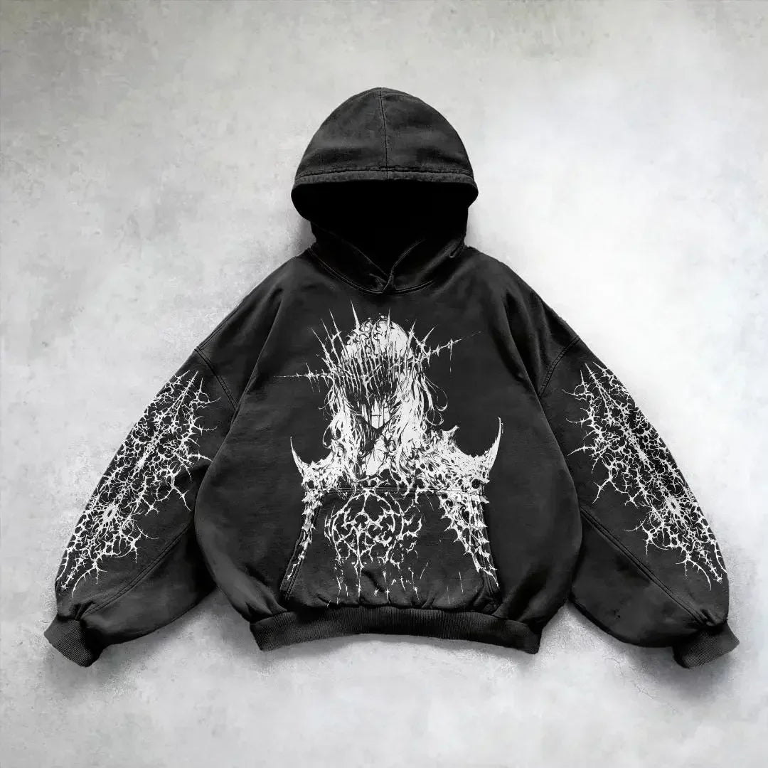 Harajuku y2k gothic white print design pattern black hoodie goth oversized hoodies women streetwear tops sweatshirt men clothing