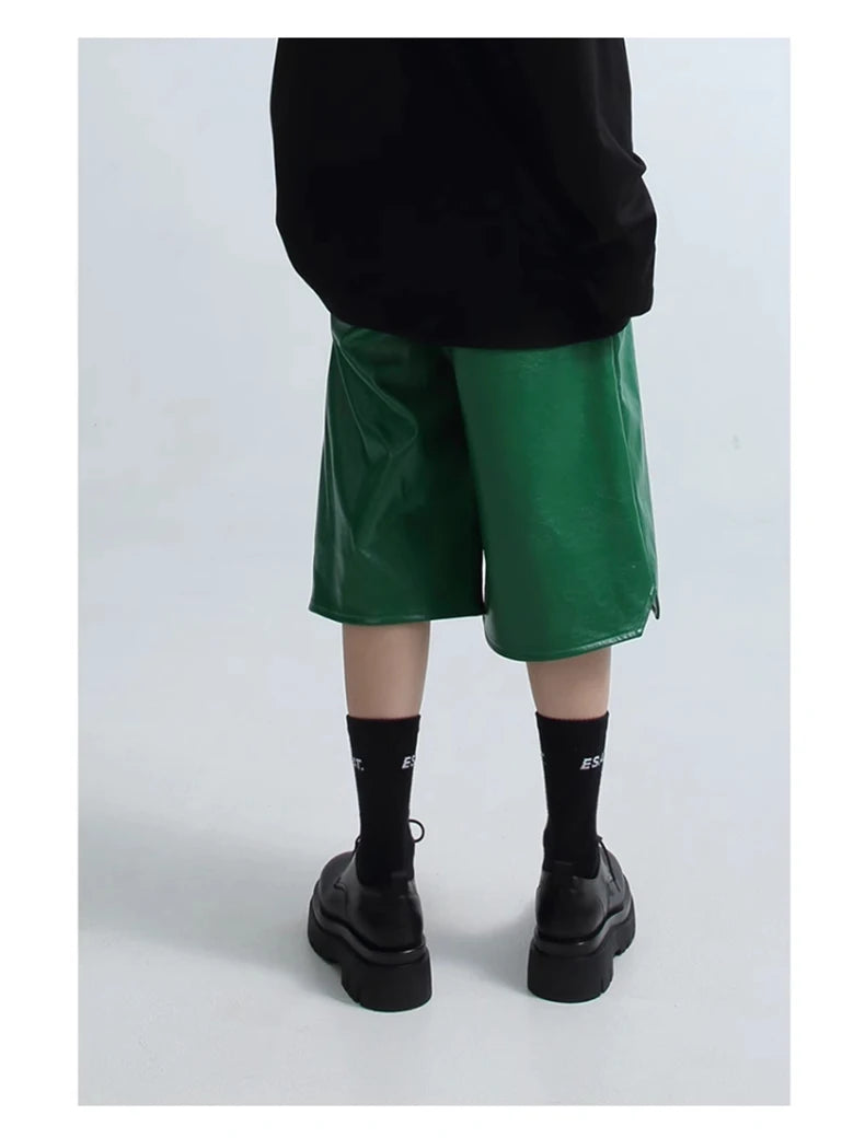 Mauroicardi Spring Summer Loose Casual Soft Black Pu Leather Shorts for Men Mens Elastic Waist Short Straight Pants Clothes 2023