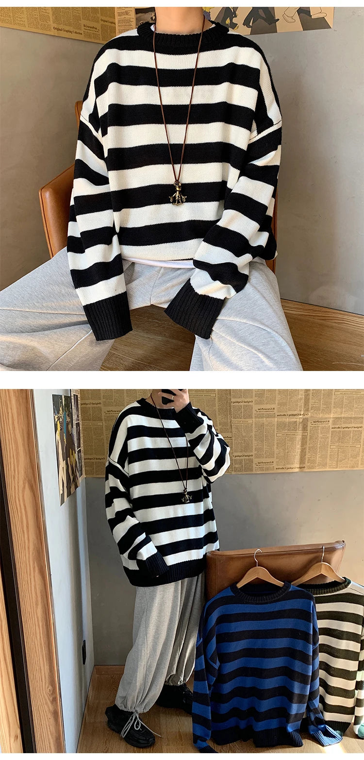 Classic Vintage Striped Sweater Men's Casual Japanese Trendy Red White Pullover Loose Round Neck Couple's Jumper Street Kintwear