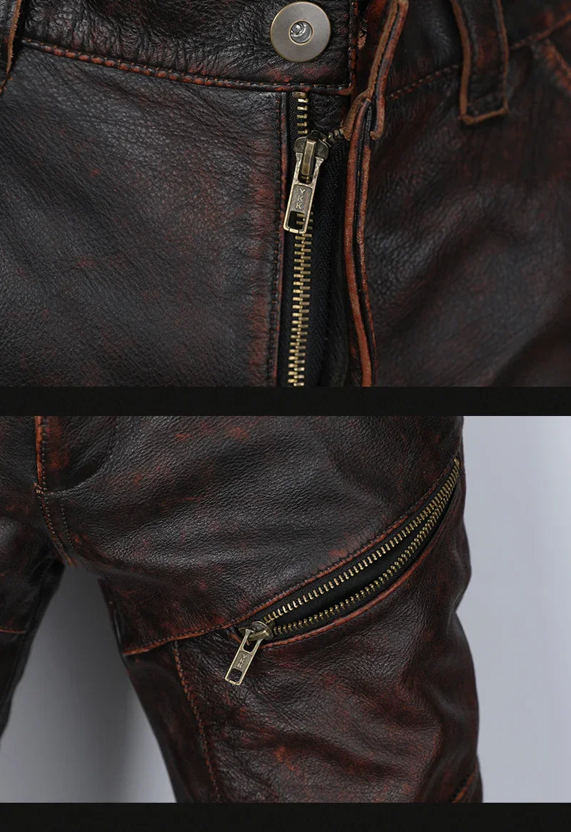 New Motorcycle Genuine Leather Pant Men's Thick Cowhide Vintage Brown Trousers For Men High Quality Moto Biker Slim Pants
